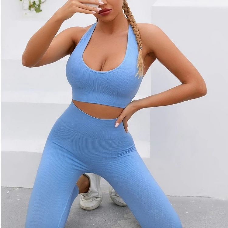 欧美爆款运动瑜伽服套装Bra长裤二件套跑步健身锦纶吸湿 排汗速干