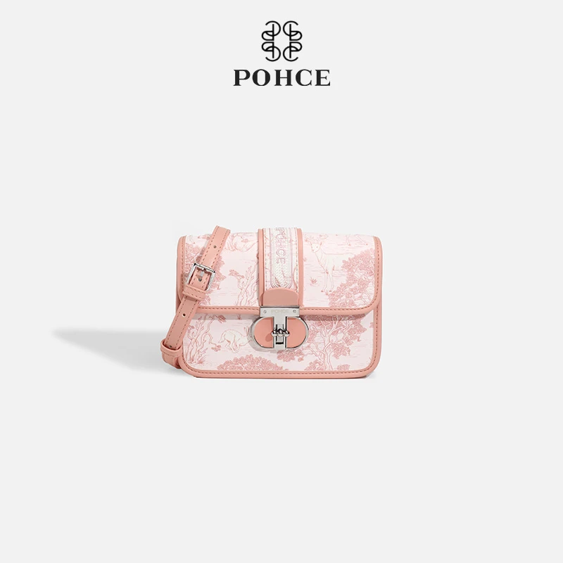 POHCE 女包粉色刺绣单肩包时尚潮流斜挎包小方包盒子包523