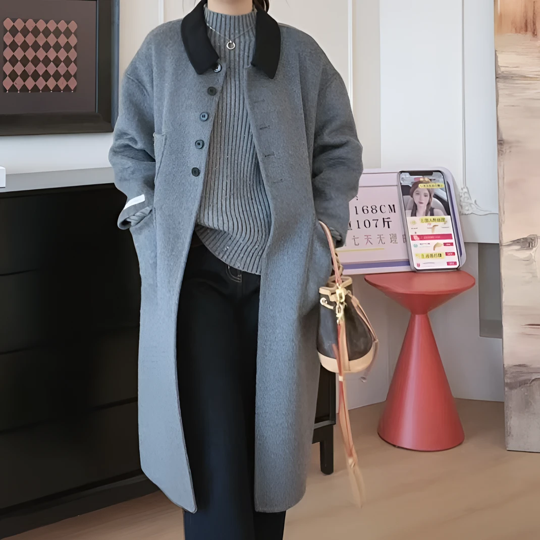 【YHH】冬季时尚长款拼色纽扣大衣-YHW4837