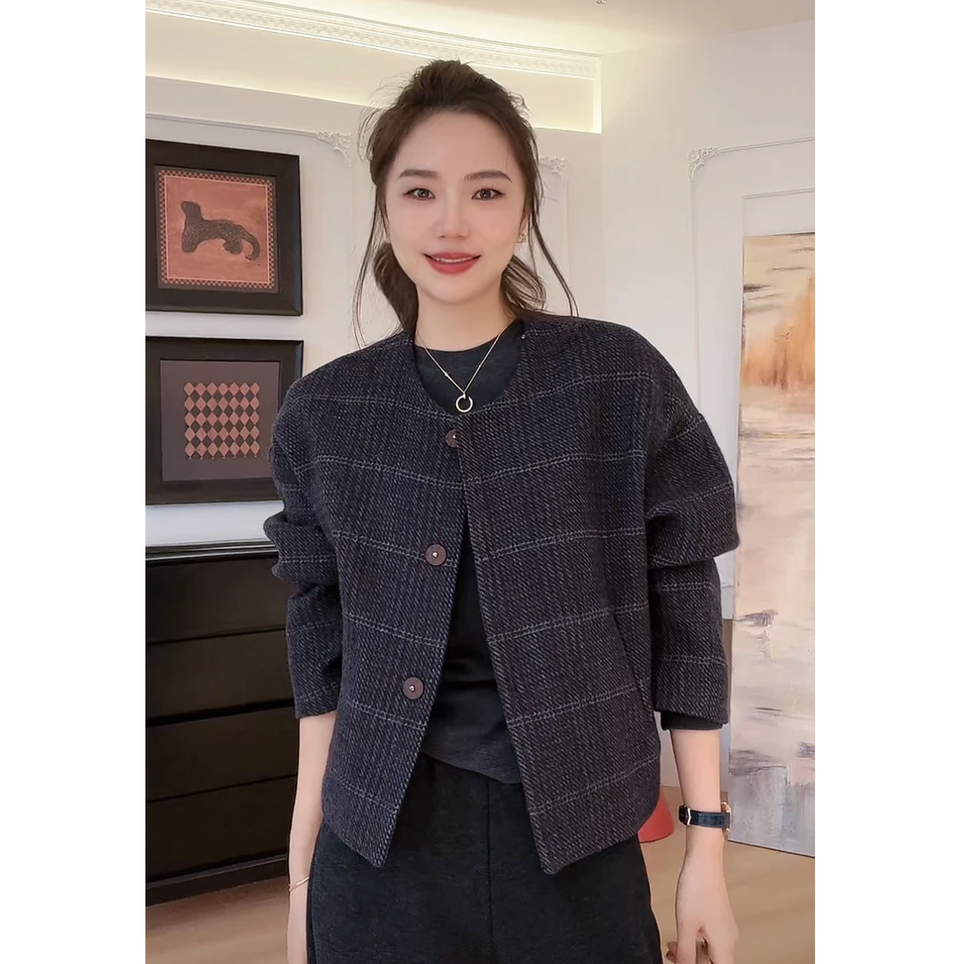 【YHH】秋冬季韩版时尚圆领暗扣毛呢外套-YHW4868