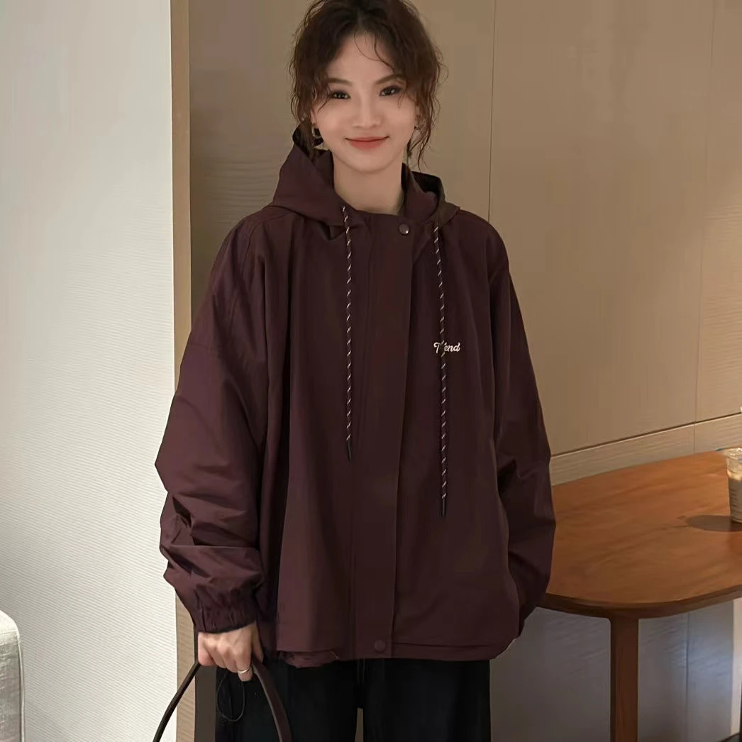 欧版字母抽绳连帽设计感拉链外套2024秋新宽松显瘦洋气上衣女潮
