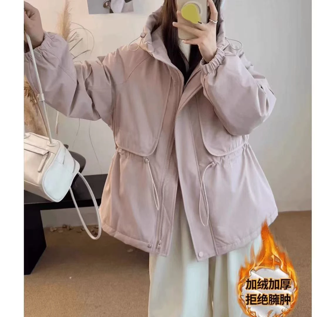 2024加绒加厚女款【袖子大身加绒】冬季风衣工装派克服收腰连帽外套