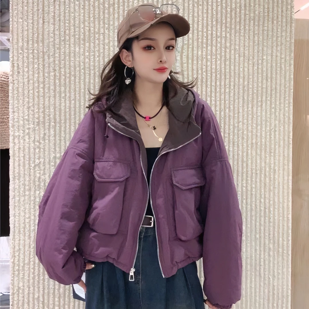 连帽撞色拉链口袋设计感棉衣外套女2023秋冬新洋气保暖减龄上衣潮