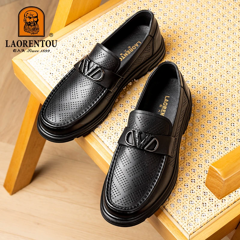 老人头休闲男皮鞋男士时尚百搭夏季透气软底镂空透气软底软皮商务