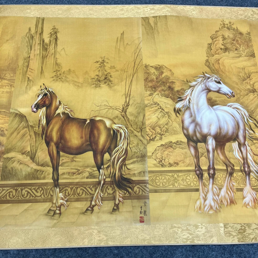 乾隆八骏画 70x380cm软装裱复古装饰画