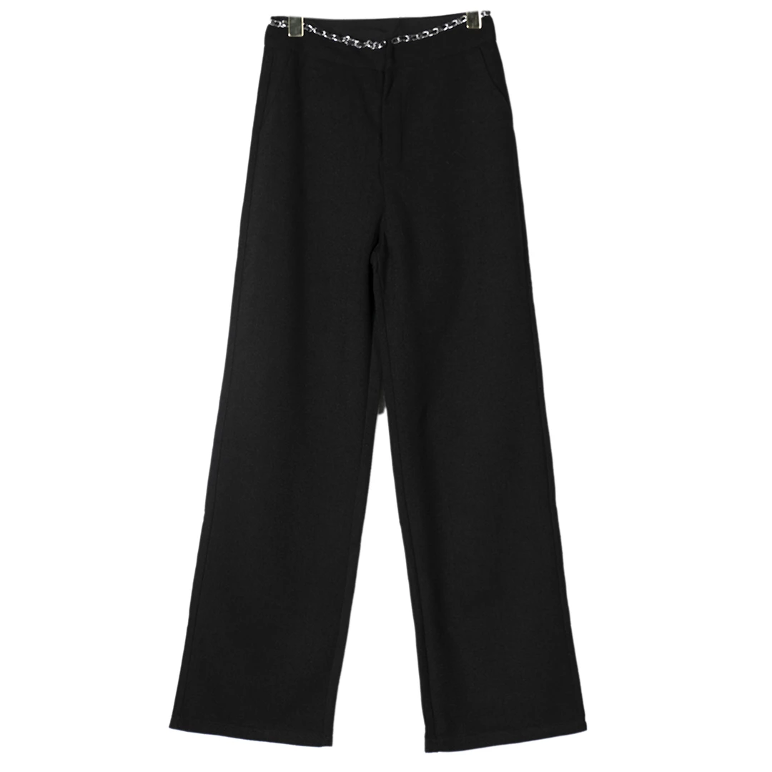 【vivi】时尚百搭高腰显瘦直筒裤女链条装饰休闲长裤子