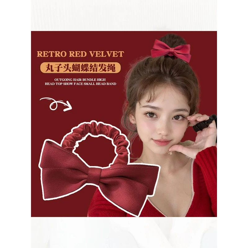儿童新年喜庆红色蝴蝶结头绳发圈橡皮筋女扎头发伴娘结婚发饰新娘