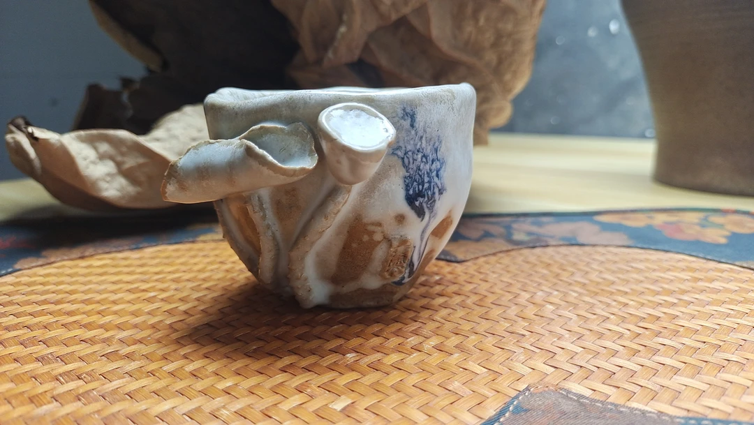 纯手工手绘茶杯茶具家用志野釉陶瓷手捏杯泥塑荷花容量80毫升