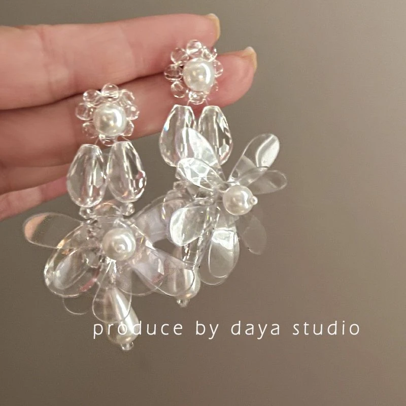 冒仙气~法式串珠透明耳环夸张精致高级感设计复古夸张度假风耳饰