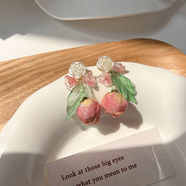 法式复古粉色干花永生花耳环耳钉百搭港风独特甜酷春夏花朵耳坠