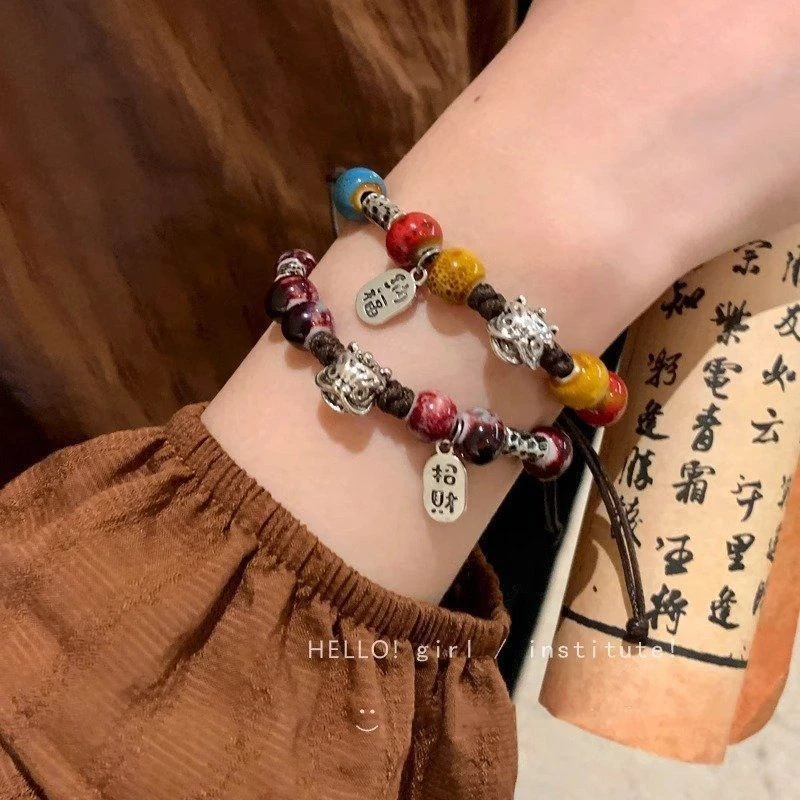 合金陶瓷手链 编织小醒狮手链纳福新中式复古陶瓷串珠民族风