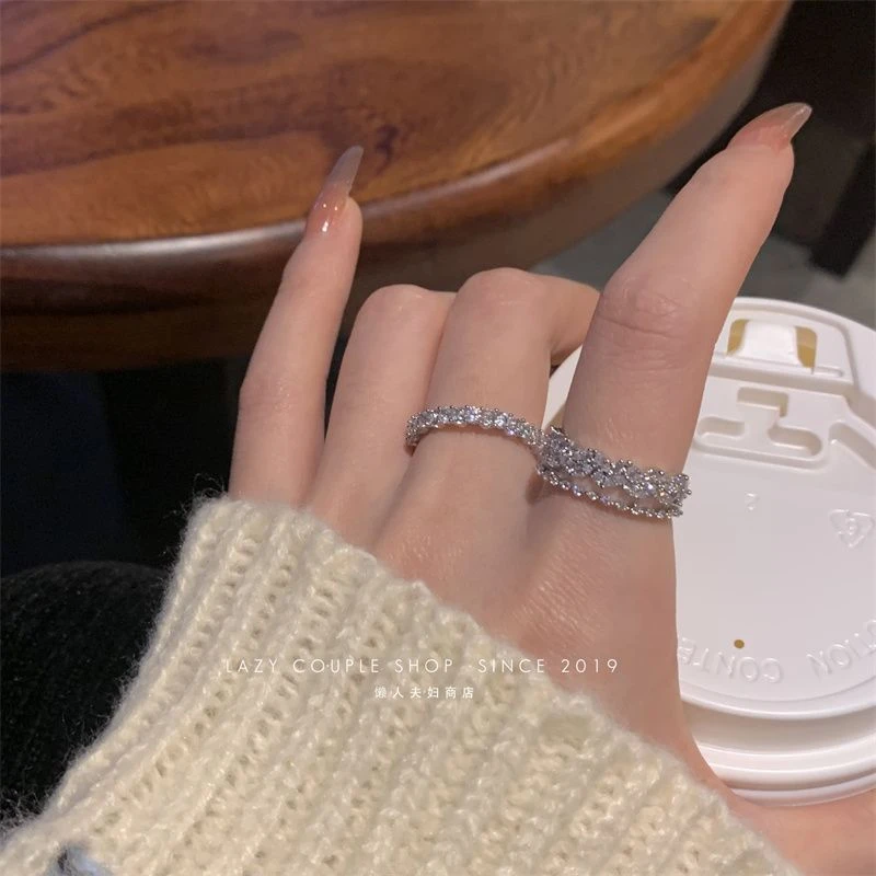 超闪~轻奢满锆双层套戒女ins高级感小众设计精致指环开口时尚气质