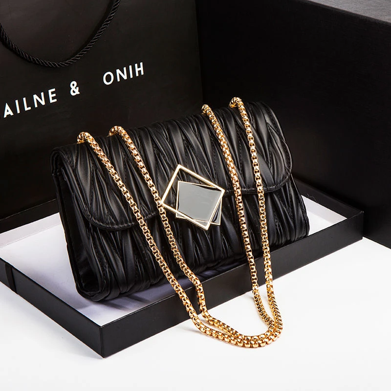 气质真皮女包包潮高级感褶皱菱格链条包网红百搭时尚单肩斜挎包