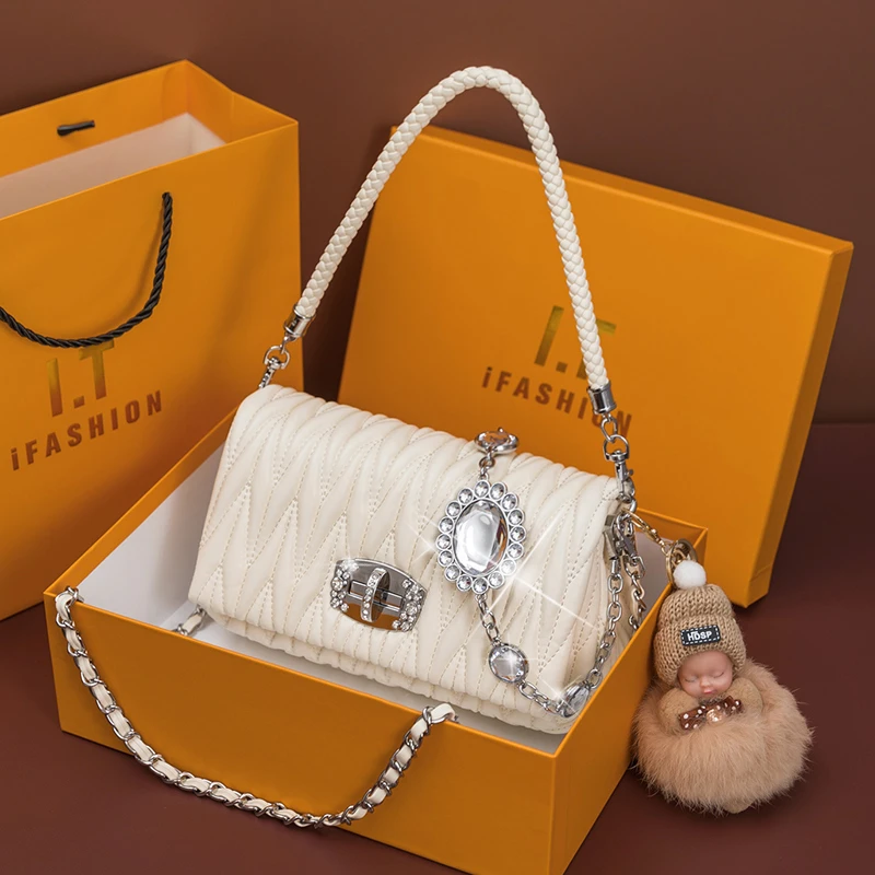 真皮女包2025新款包水钻链条包斜挎仙女包褶皱高端大气小香风小众