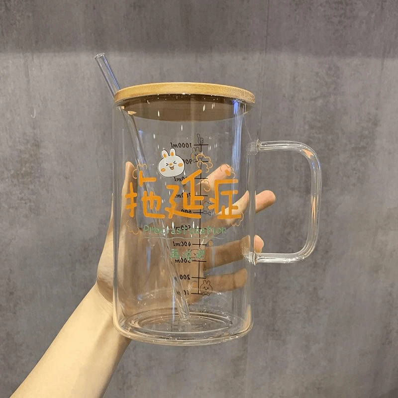 1000毫升高硼硅玻璃杯带盖带吸管男女学生超大容量水杯家用喝水杯