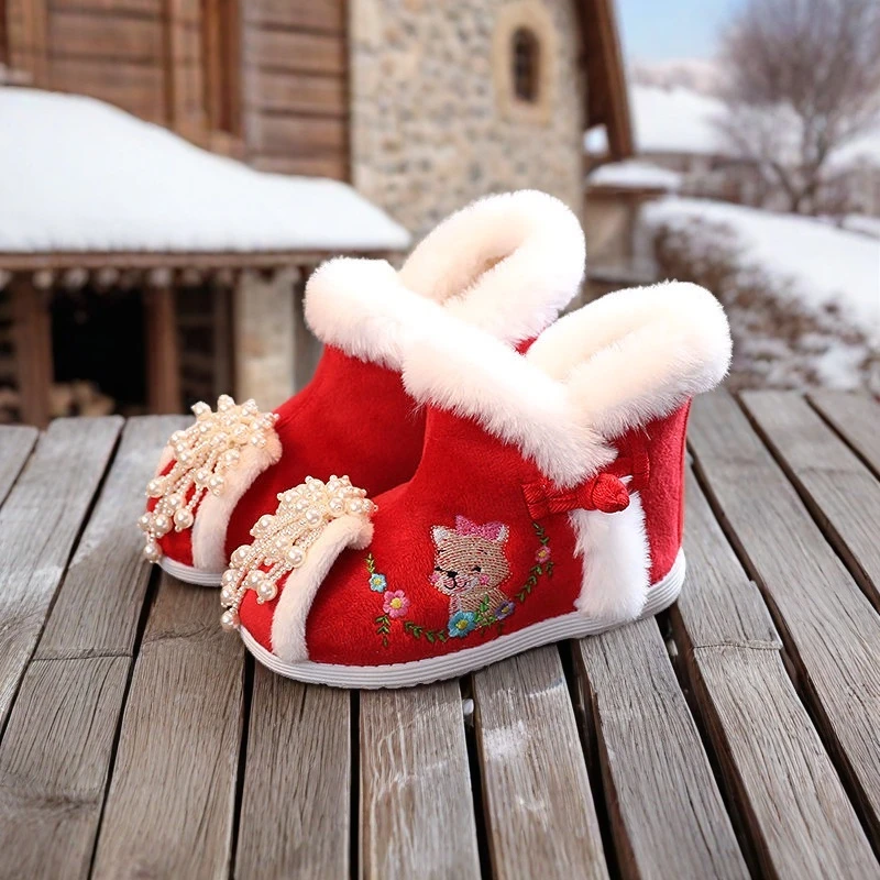 冬季加厚女童汉服鞋配拜年服女童鞋中国风红色儿童绣花鞋保暖棉鞋