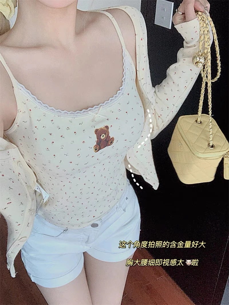草莓酱 优质版带胸垫小熊蕾丝吊带背心女新款内搭小熊印花上衣