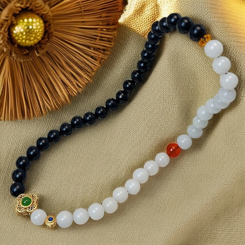 【池上砚】天然黑檀木白玉菩提手持双圈手链0.8cm|石山海