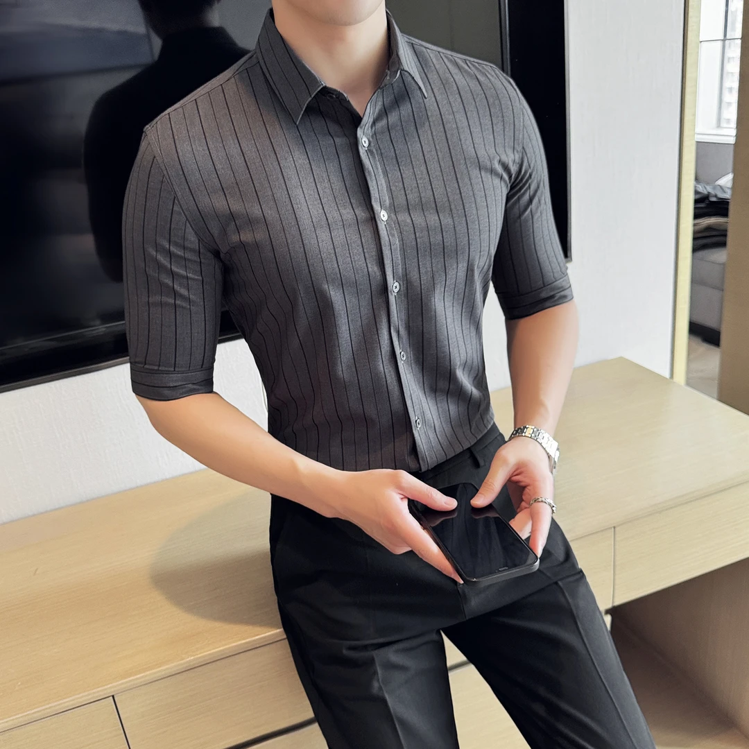 夏季短袖男士衬衫韩版潮流修身五分袖条纹衬衣男修身中袖上衣服男
