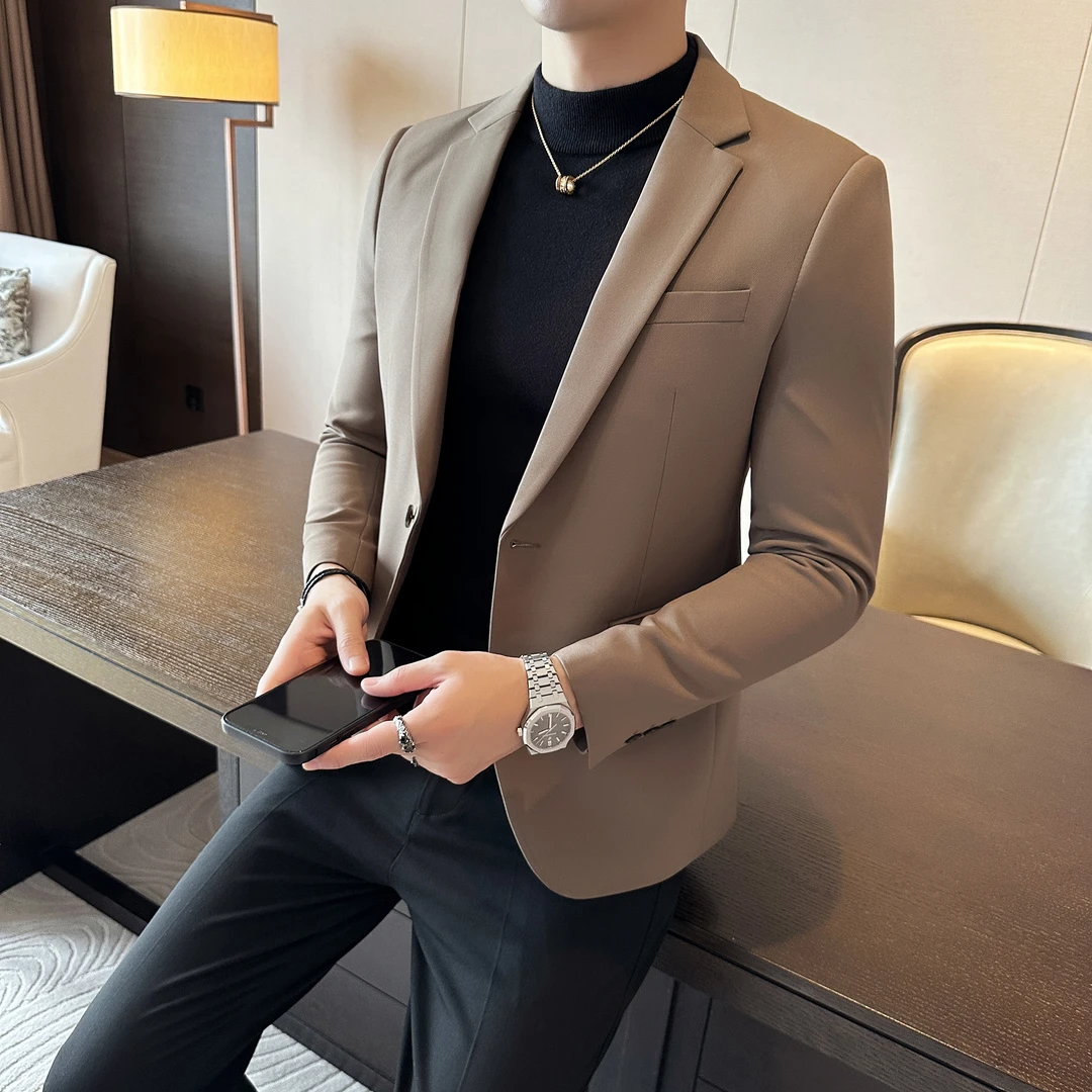 秋冬季韩版男士修身外套男一粒扣西装潮流休闲单件西服男黑色