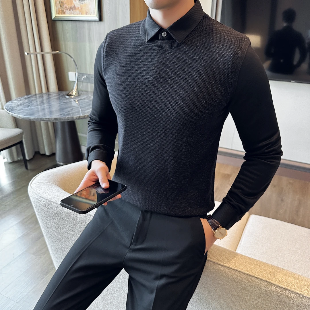 秋冬季韩版修身休闲衬衣男士潮流上衣青年假两件长袖衬衫男打底衫