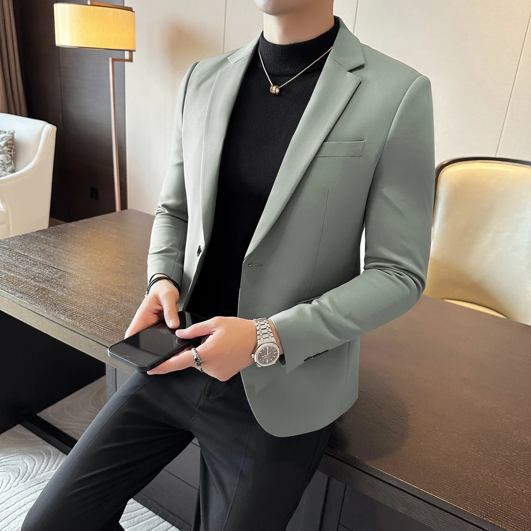 WG2秋冬季韩版男士修身外套男一粒扣西装潮流休闲单件西服男黑色