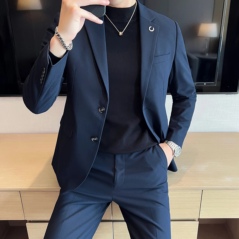 CWG两粒扣西服套装男商务休闲韩版修身职业正装结婚礼服西装两件