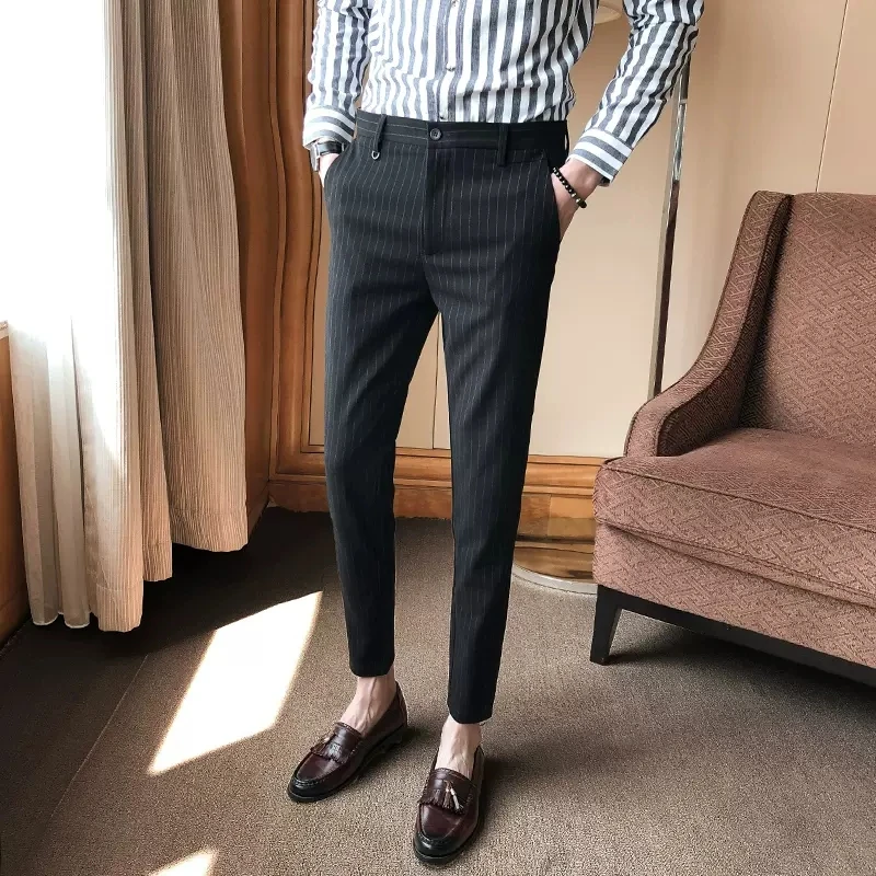 【新款男裤】男士休闲裤 韩版潮流九分小脚裤 男款条纹长裤西裤男