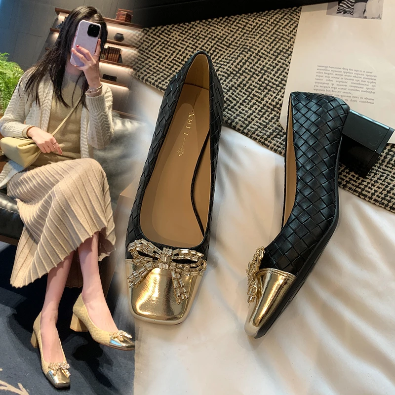 紫幻玲珑加肥宽加大高跟鞋女胖mm拼接小香风女单鞋宽胖脚大码女鞋