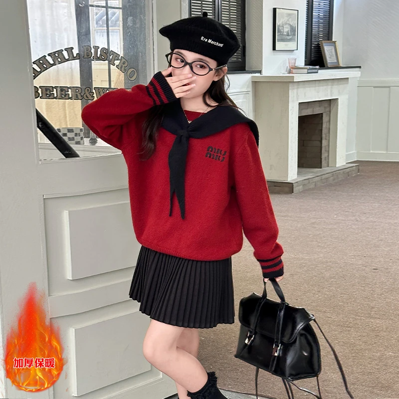 女童春季海军领毛衣百褶裙套装2025新款儿童披肩假两件上衣两件套