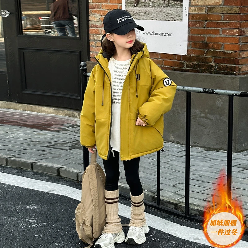 女大童冬装加绒派克服棉服2024新款韩版洋气休闲女孩加厚棉衣外套