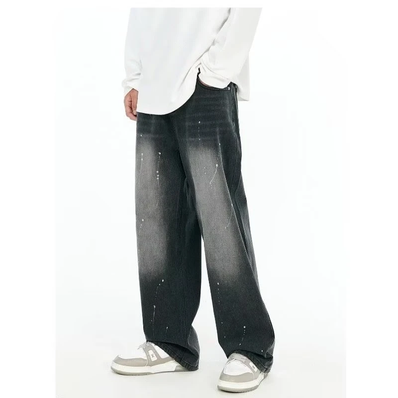 薛之谦同款泼墨水洗牛仔裤男女秋季宽松美式潮牌直筒休闲阔腿长裤