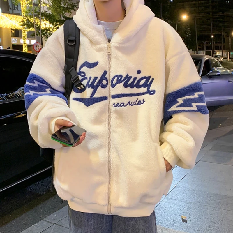 男士冬季双面绒时尚青少年学生休闲港风连帽宽松颗粒绒夹克外套