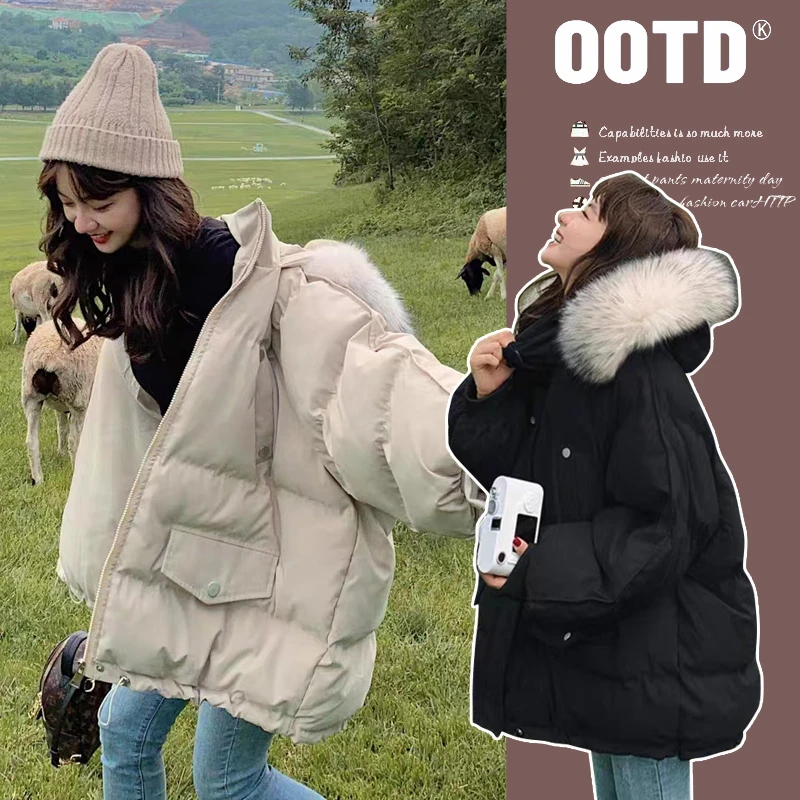 孕妇装秋冬新款流行款网红宽松百搭连帽羽绒棉服大码短款棉衣外套