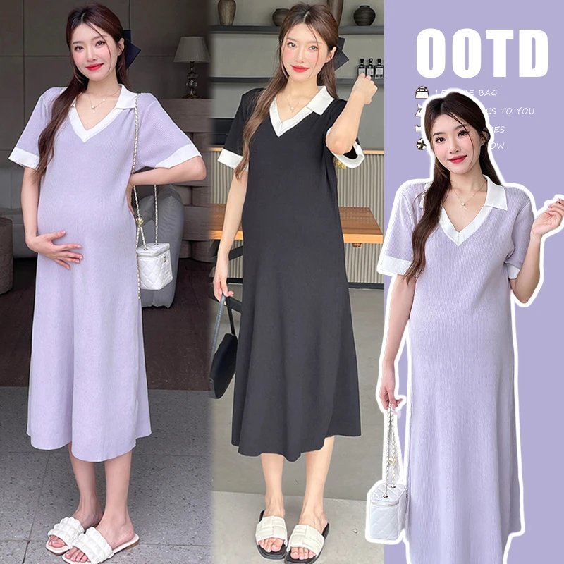 新款孕妇装冰凉感针织短袖宽松短袖连衣裙时尚气质中长款过膝夏装
