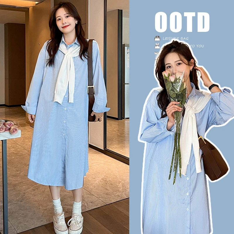 孕妇装2024秋季韩版单排扣显瘦条纹连衣裙宽松休闲中长款衬衫裙子