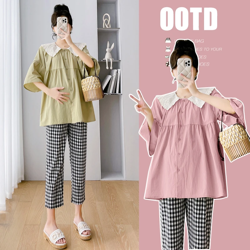 孕妇上衣夏季2025新款潮妈百搭宽松半袖衬衣女外穿休闲显瘦娃娃衫