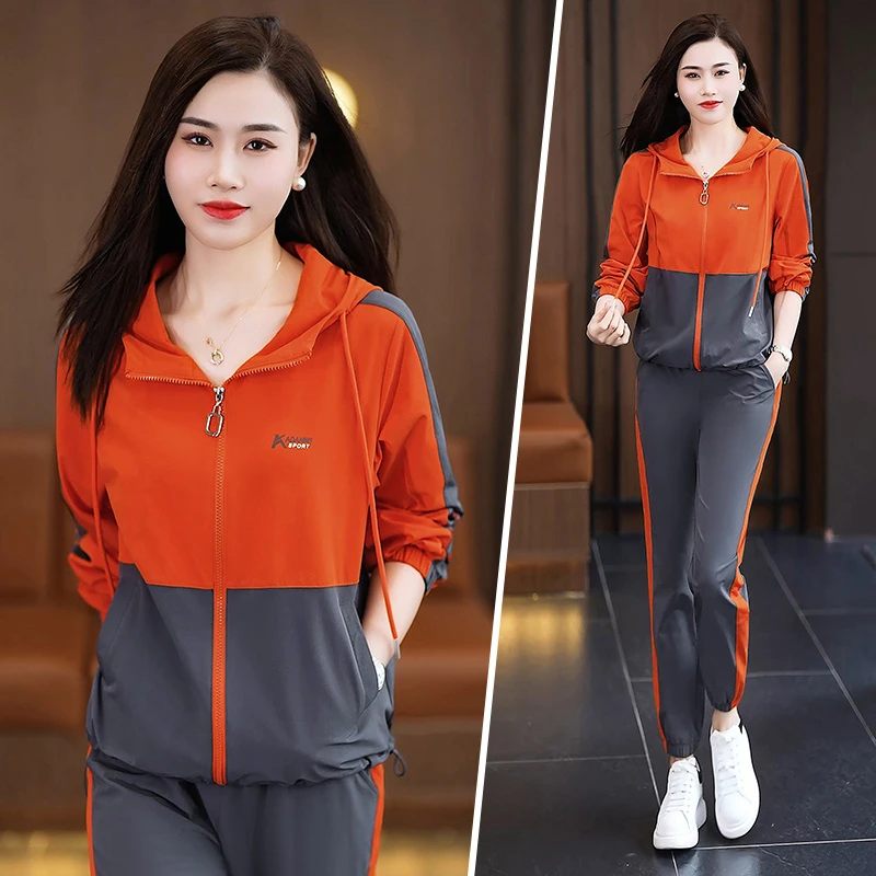 运动休闲套装女春秋季2025年新款拼色连帽开衫卫衣时尚百搭两件套