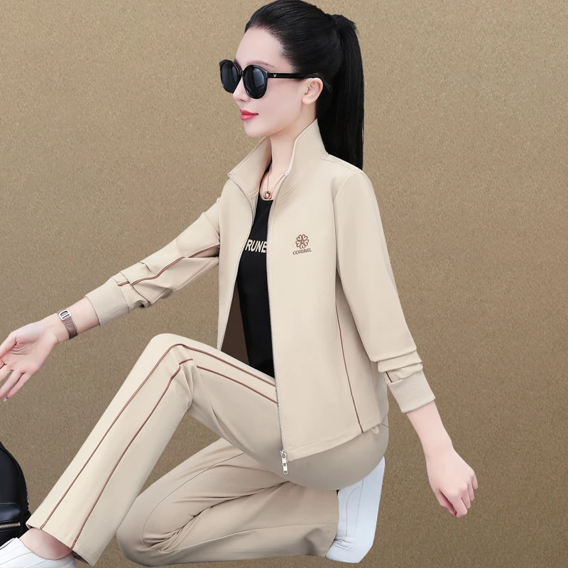 运动套装女春秋季2025新款洋气刺绣宽松外套时尚气质运动服三件套