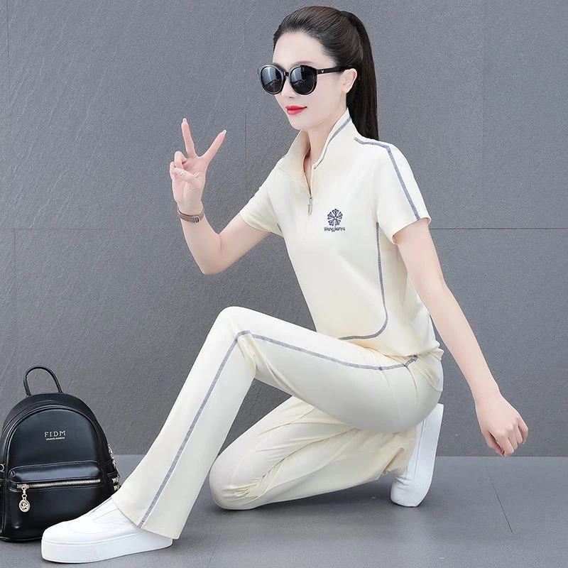 休闲运动套装女夏新款时尚速干冰丝薄短袖绣夏装健身跑步服两件套