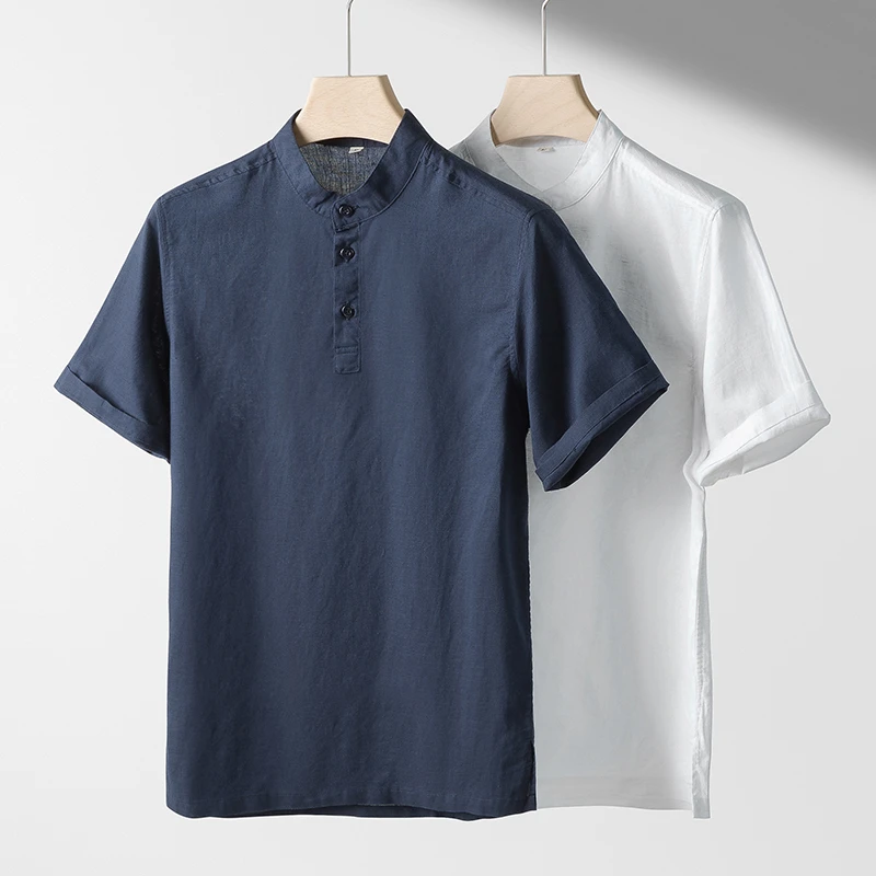 麻小生麻棉男士短袖衬衫复古五分袖套头休闲衬衣立领上衣纯薄206