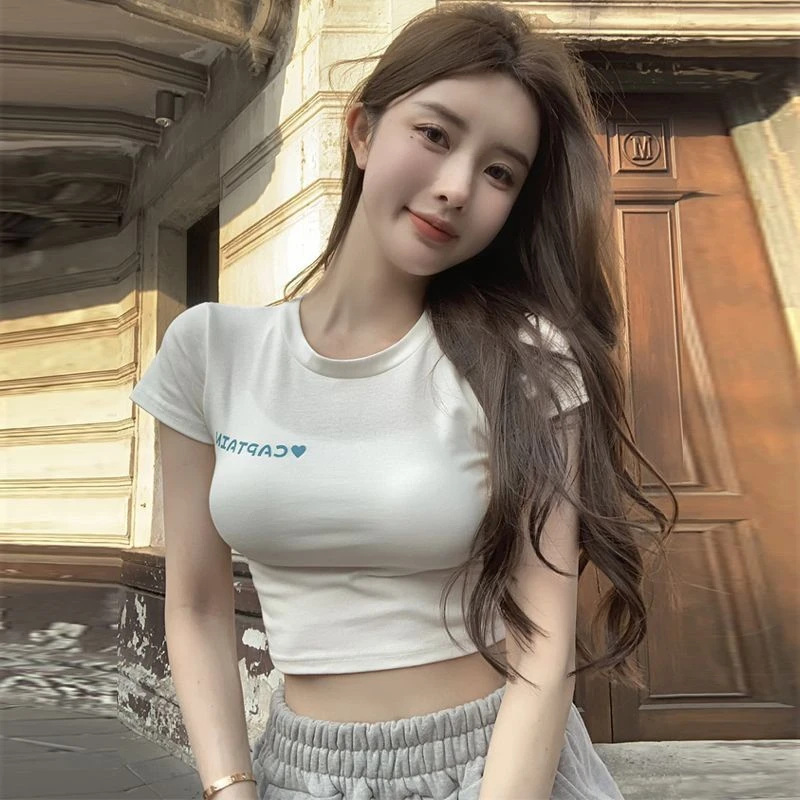 纯棉网红短款T恤小个子夏季露脐修身圆领百搭辣妹性感黑色短袖女