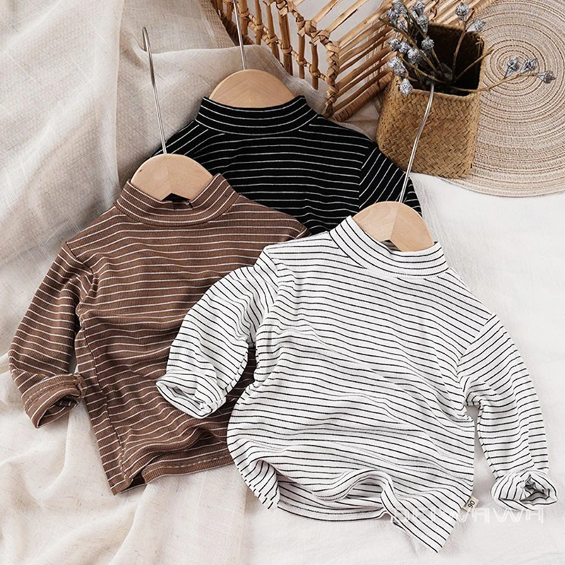 软弹面料 秋儿童宝宝坑条莫代尔棉T恤 男女童条纹半高领打底衫