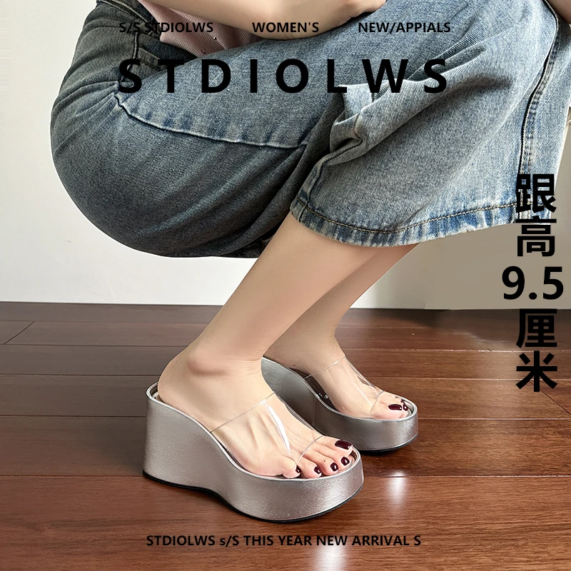 【禾央央】9.5cm透明拖鞋女外穿夏季一字带防水台坡跟厚底高跟凉鞋