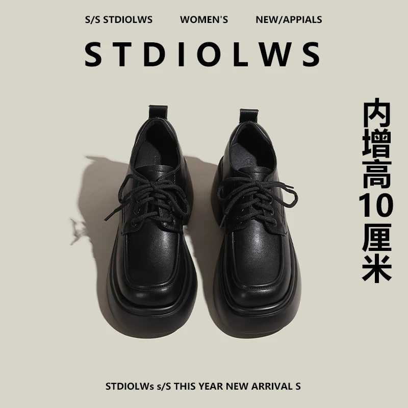 【禾央央】10cm小个子内增高乐福鞋女厚底夏季高跟黑色小皮鞋英伦风