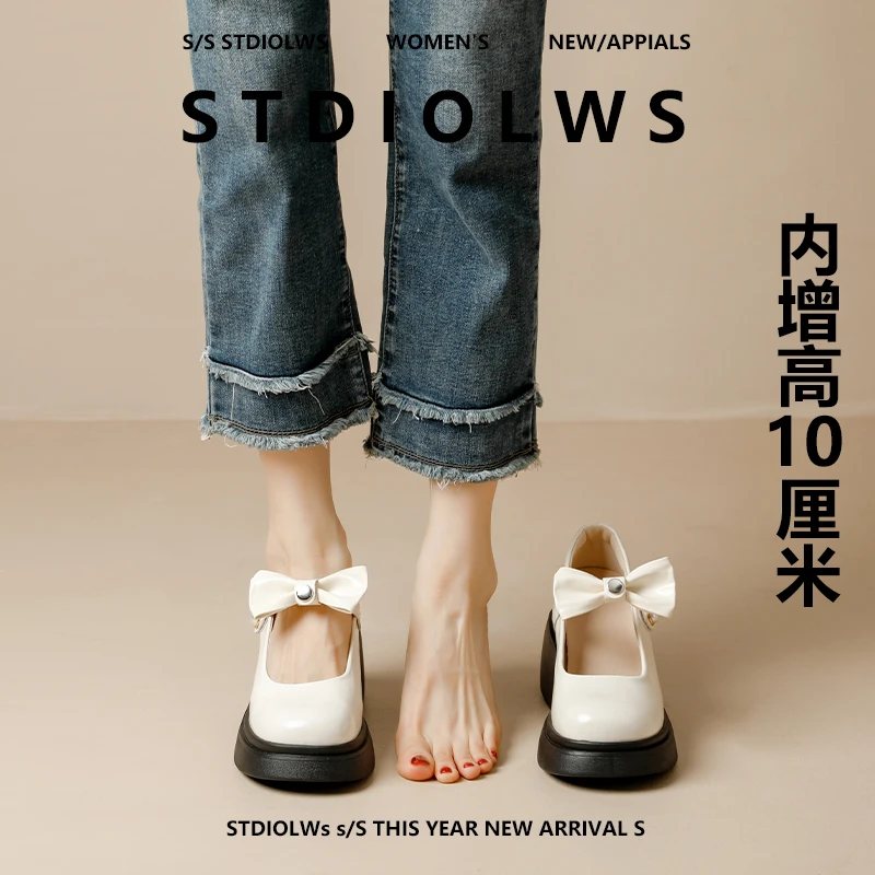 【禾央央】10cm内增高玛丽珍鞋2024夏季新款蝴蝶结高跟厚底浅口单鞋