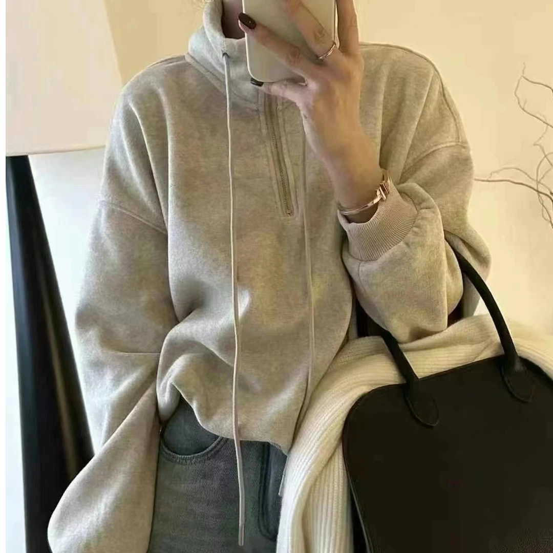 欧货冬季新款宽松立领拉链抽绳设计百搭加绒套头羊绒呢短款卫衣女