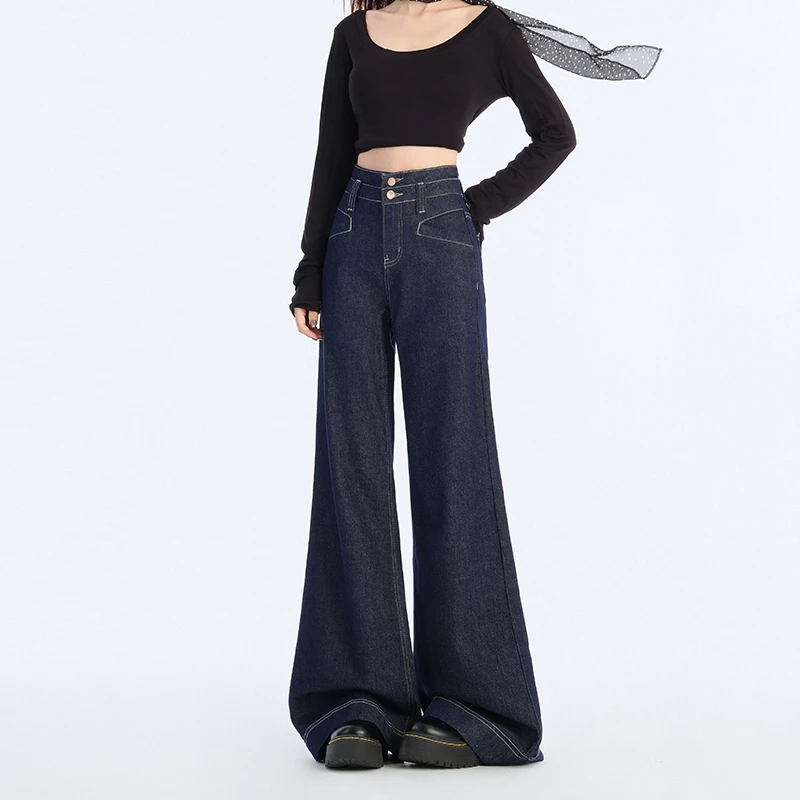 牛仔裤女2024新款秋季复古丹宁蓝双扣高腰宽松显瘦百搭窄版阔腿裤