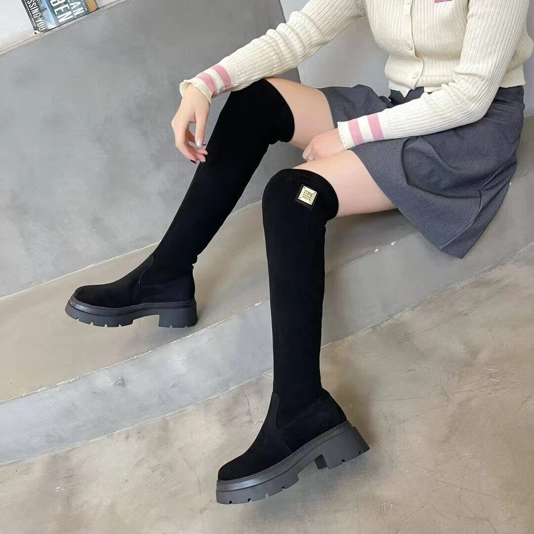 89-22新品女靴平底长筒靴显瘦弹力靴潮款高筒女靴百搭时尚靴子