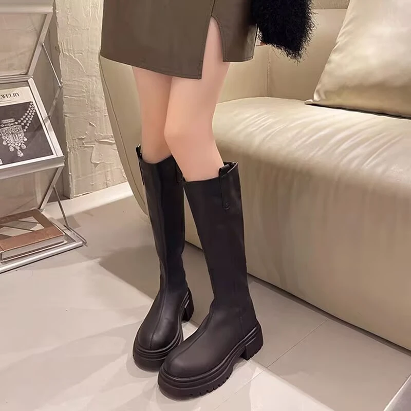 688-123新品女靴平底长筒靴显瘦弹力靴潮款高筒女靴百搭时尚靴子